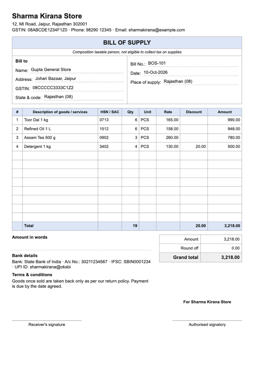 A filled bill of supply: seller with GSTIN, the composition declaration, bill number and date, four items with HSN codes, quantity, rate and amount, total and signatures